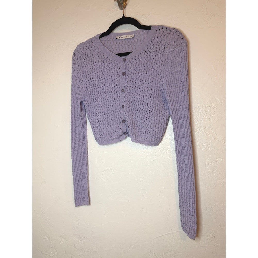 Zara Purple Pointelle Knit Cropped Cardigan Large L Purple Scalloped Trim L